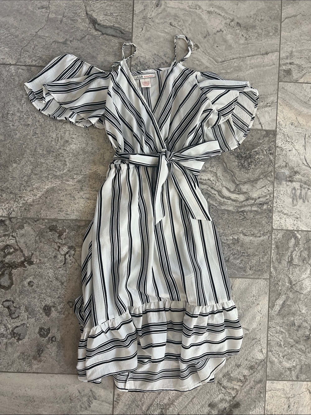A. Calen Striped Cold-Shoulder High Low Dress with Tie - Black & White